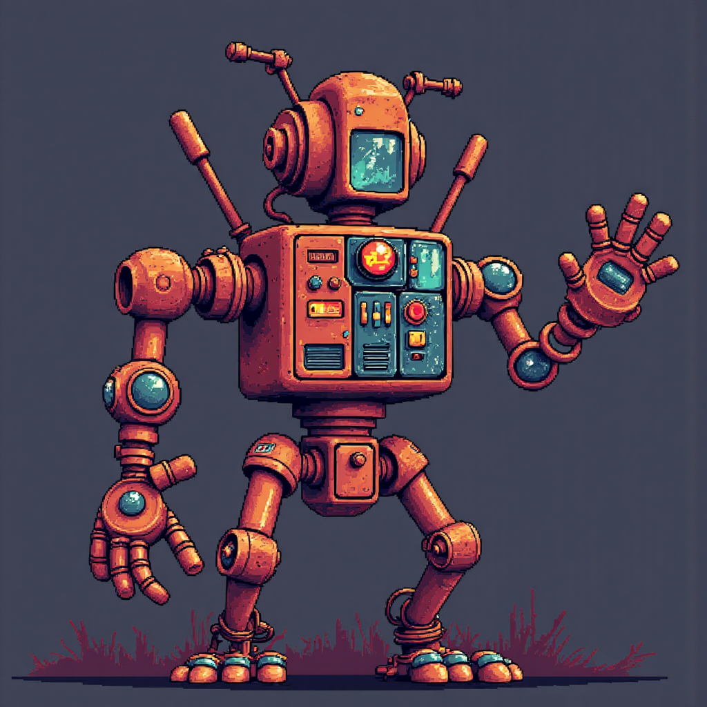 像素藝術風格的復古機械機器人手臂接頭,連接彩色段落並帶有微妙光效