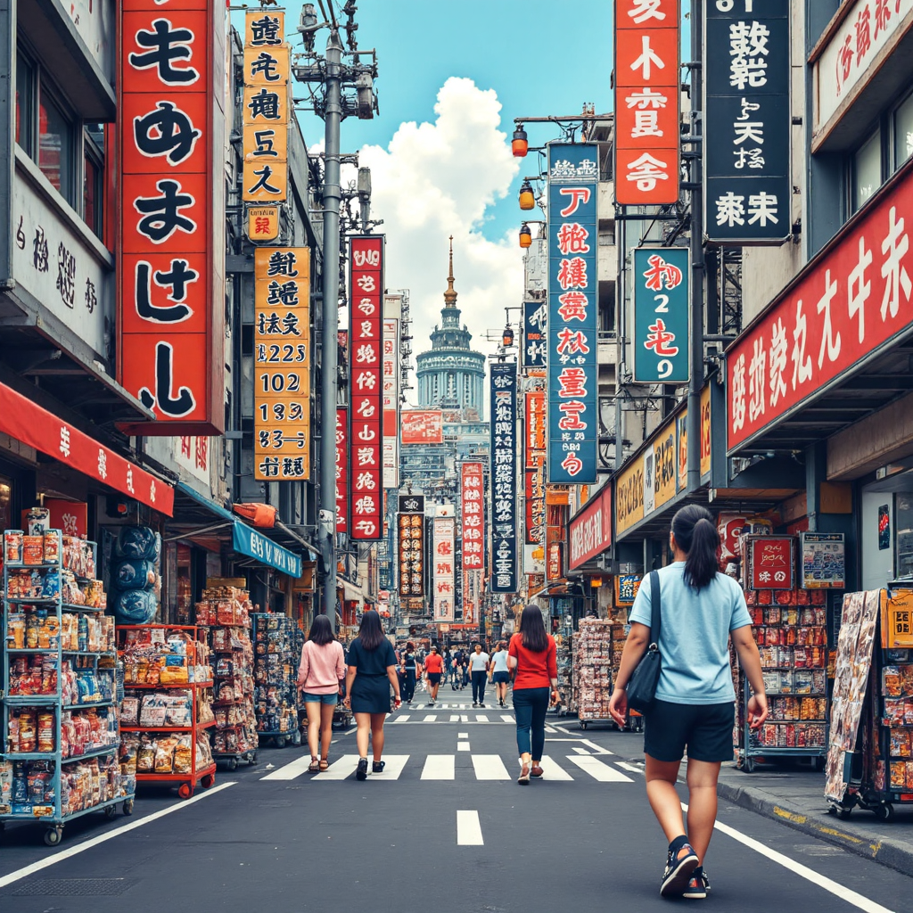 台灣遊客在東京街頭購物與匯率波動示意圖