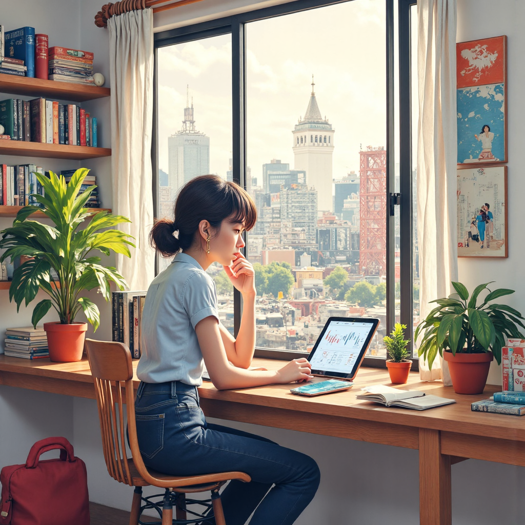 台灣投資者專注分析美元兌日圓圖表的場景，平板顯示圖表，背景融入國際旅行與進出口元素，營造謹慎樂觀的教育氛圍，以柔和色調呈現現代像素藝術