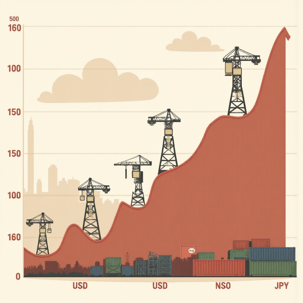 美元兌日圓匯率歷史走勢圖，顯示急劇上升趨勢達到新高峰，背景融入全球經濟符號如工廠和貨櫃