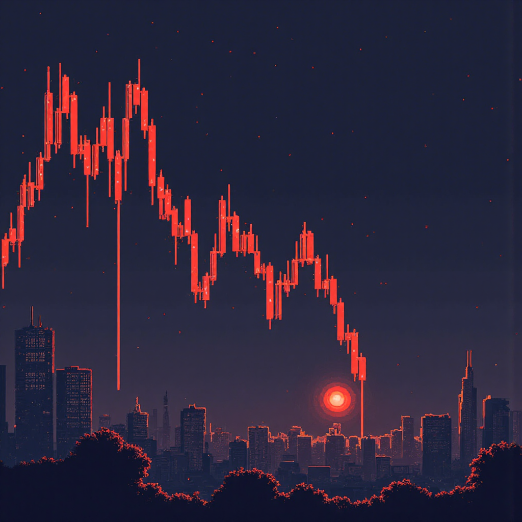 金融市場圖表顯示向下趨勢線突破支撐位，伴隨警鈴響起的像素藝術風格數位插圖