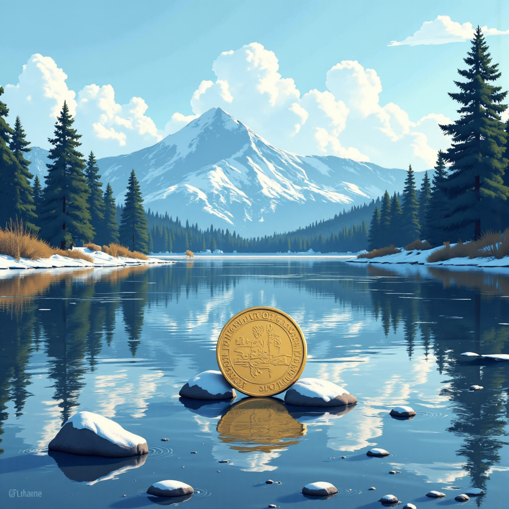 瑞士法郎幣置於寧靜湖面反射雪山像素藝術插圖,象徵穩定與寧靜