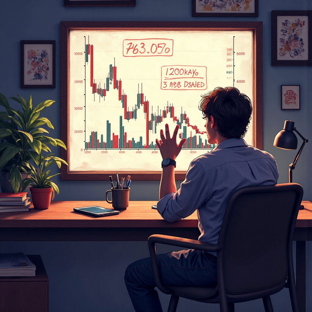 投資人分析向下趨勢股票圖表,展現洞察力與溫暖燈光