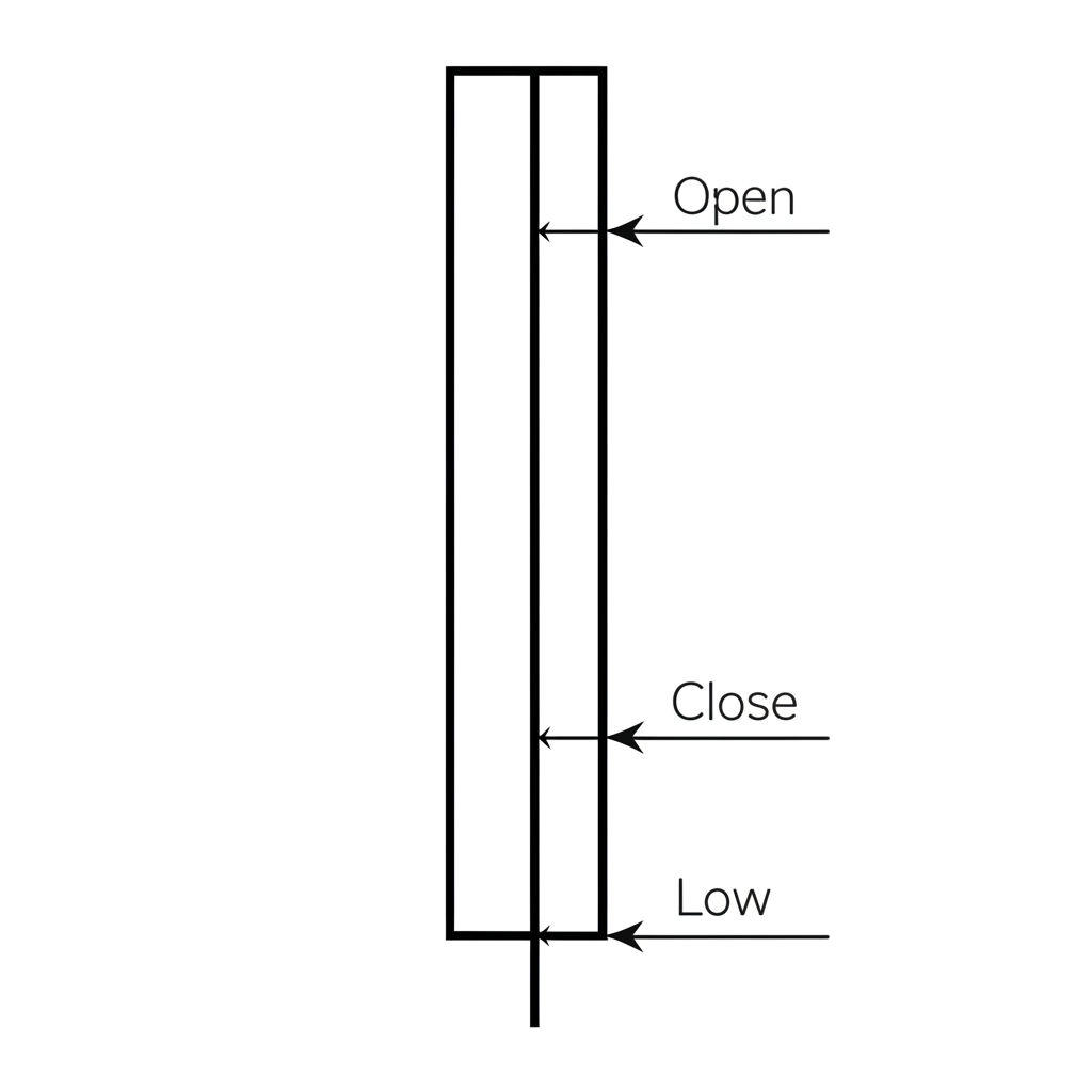 單根蠟燭圖基本構成插圖，標示開盤、收盤、最高與最低價的四個元素