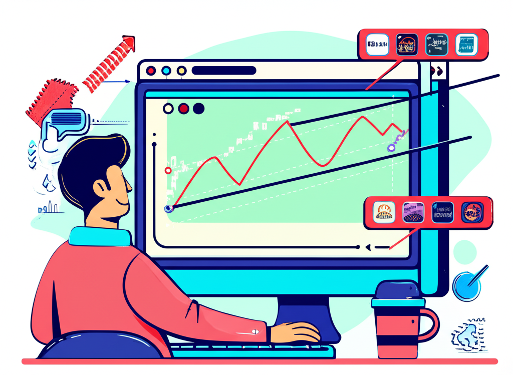 學習技術分析的插圖,電腦螢幕顯示股票圖表與順勢通道,包含群益期貨平台智慧單圖示