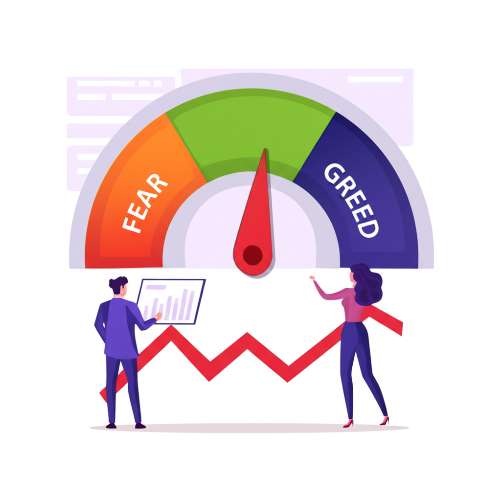 市場情緒溫度計插圖,顯示恐懼與貪婪的刻度盤,一位投資者觀察圖表