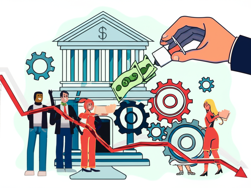 中央銀行建築物，大手注入資金到金融系統，齒輪轉動，圖表顯示利率下降，人們微笑投資