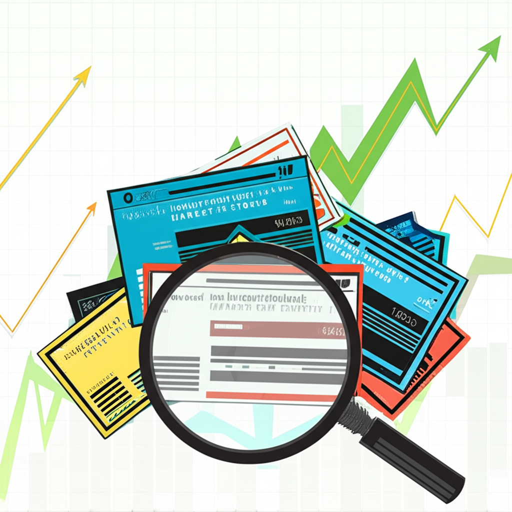 動態金融市場場景插圖,向上趨勢圖表與放大鏡聚焦多樣股票群,象徵成分股如何影響市場表現