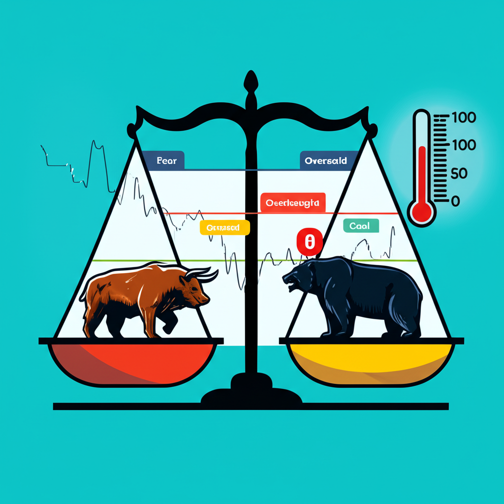 天平秤一邊公牛一邊熊象徵市場情緒貪婪與恐懼,RSI線在0到100間擺動,突出超買超賣區,溫度計顯示市場溫度