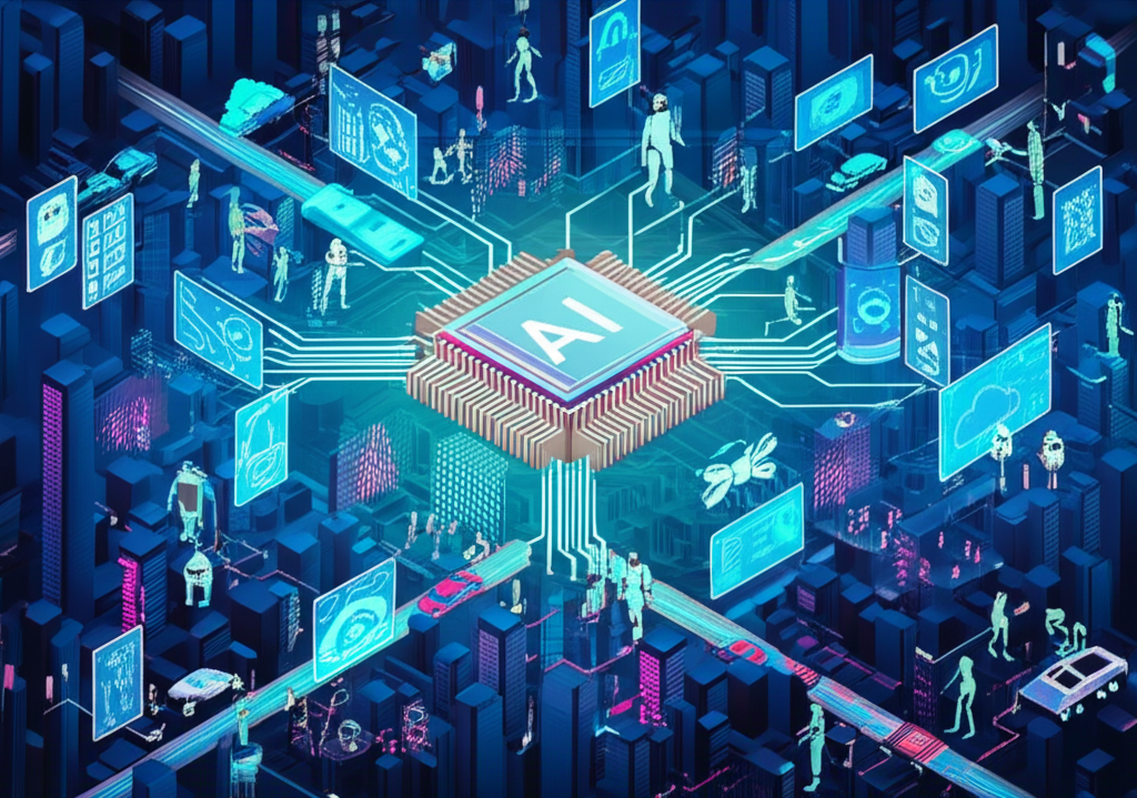 未來城市中AI機器人、自動駕駛車與智慧裝置的插圖，核心由ASIC晶片驅動，象徵物聯網與雲端數據流動的活力數位藝術