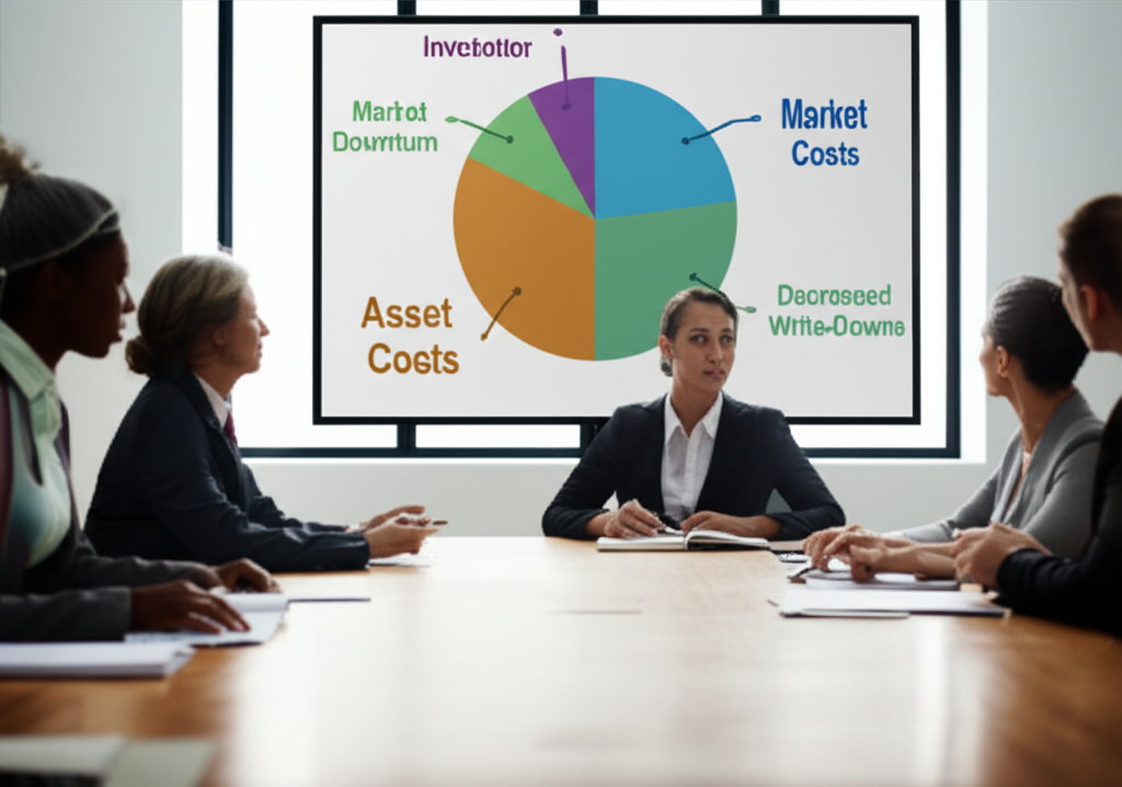 公司董事會會議插圖,困惑的投資者看著顯示減資原因的餅圖