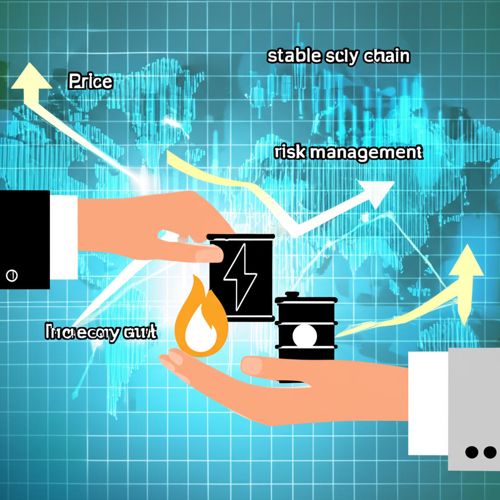 能源交易定義插圖,顯示雙手交換能源符號與財務圖表,箭頭指向價格發現、風險管理及穩定供應鏈的全球地圖