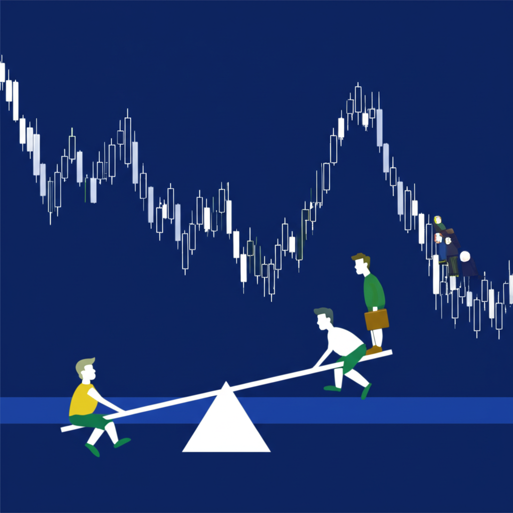 投資者如蹺蹺板般面對股價回落，新買家排隊象徵清洗弱手並吸引新買家（插圖風格）