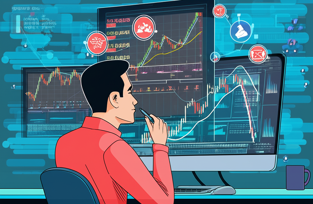 交易者觀察布林通道圖表,周圍環繞全球市場數據與社群圖示