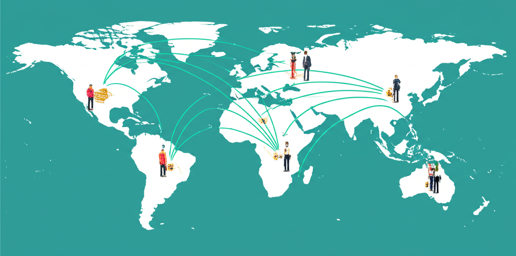 開曼群島與台灣之間商業連結的世界地圖插圖，顯示資金流動與多元團隊合作