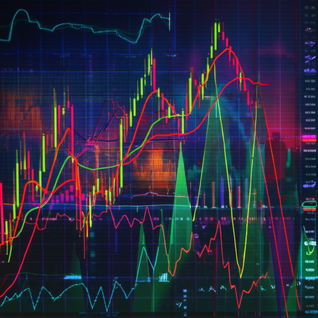 金融市場蠟燭圖插圖，展示多樣圖表與價格趨勢，中央K線圖突出市場力量與預測方向