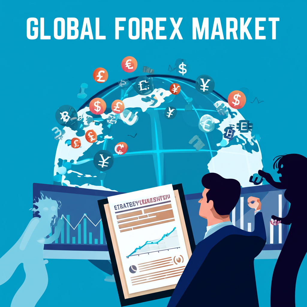 全球外匯市場插圖,貨幣符號環繞地球,一位交易者手持策略藍圖查看圖表,避免常見陷阱