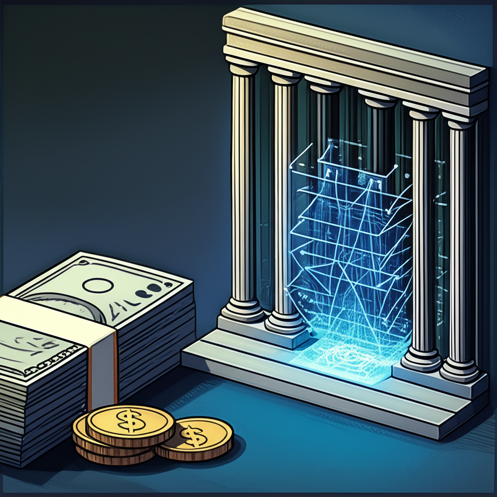 一堆實體現金和硬幣旁邊是中央銀行金庫中數位化的銀行準備金,象徵M0作為最液態貨幣形式