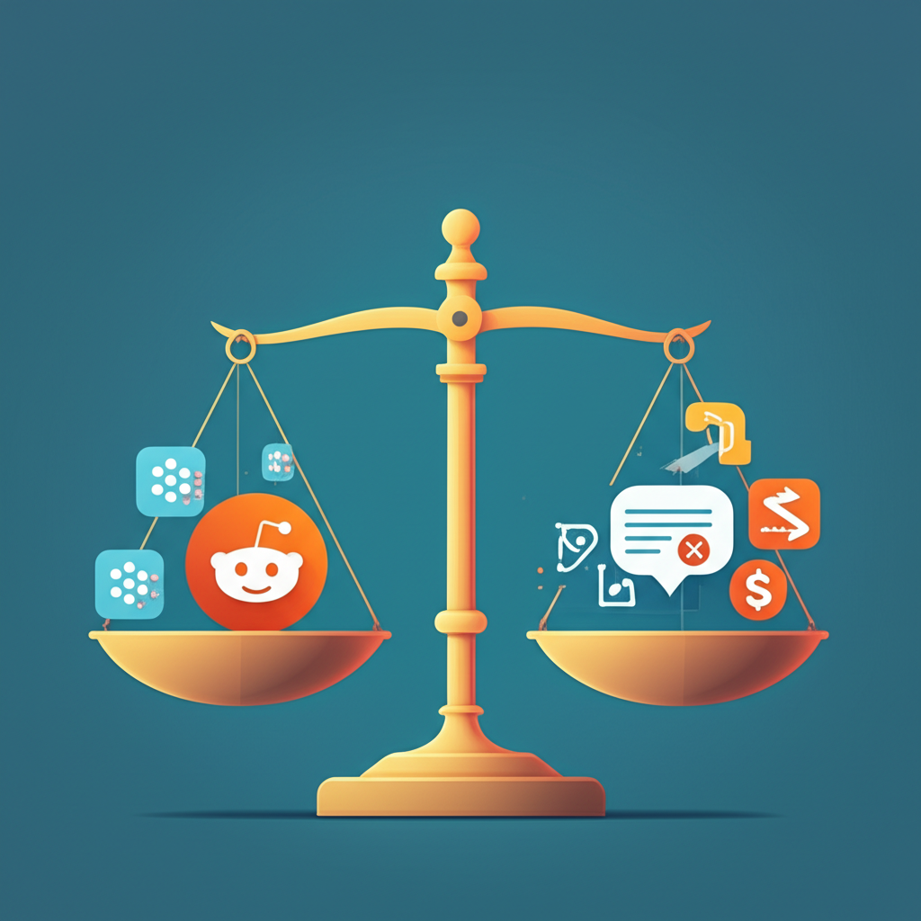 平衡秤一側有Reddit標誌顯示用戶基礎與AI數據授權,另一側展現市場競爭、內容審核與獲利風險的挑戰,動感燈光插圖