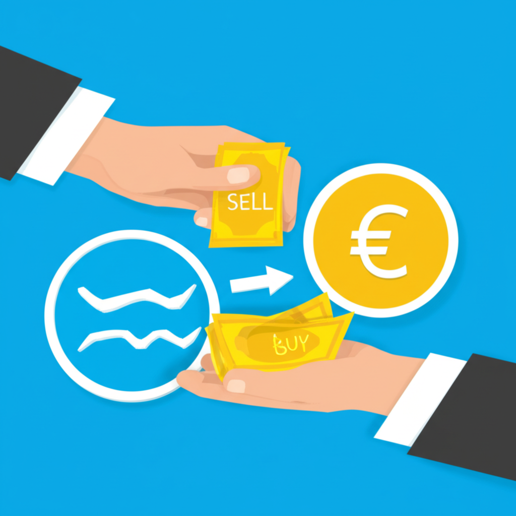 illustration of two hands exchanging currency with price tags showing buy and sell rates and a euro symbol on one side