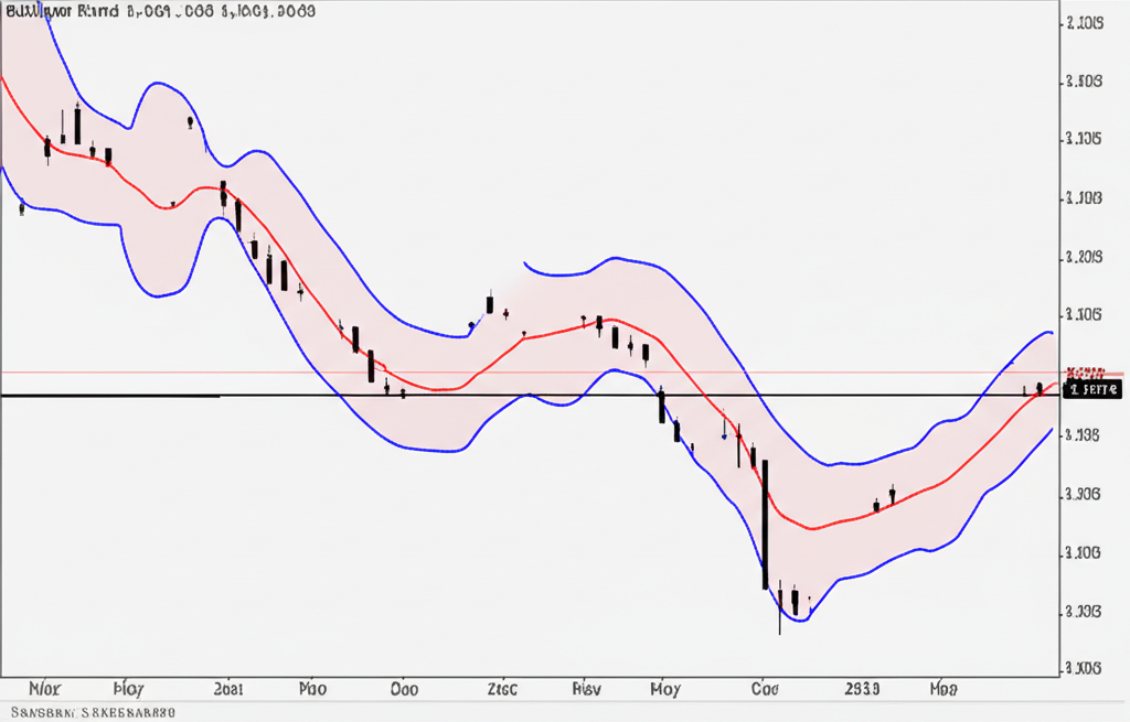 布林通道圖表示意,中央移動平均線與上下軌包圍股價,突顯波動與高低點