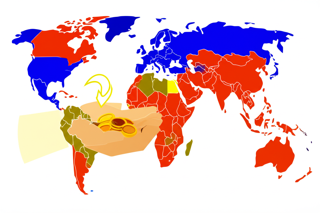 illustration of a person holding euro coins and a world map with Europe highlighted showing currency exchange and travel plans