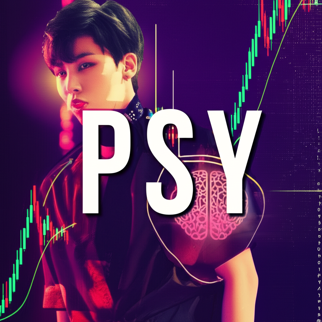 數字插圖展示K-pop歌手、股票圖表與腦部圖標的拼貼，由PSY字樣連結，象徵數位時代的多重意義