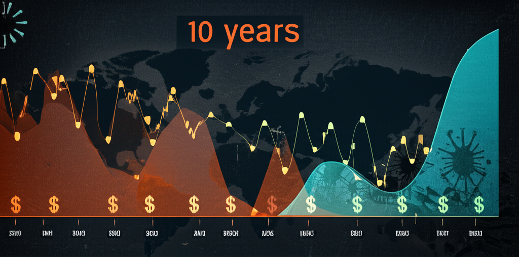 加幣十年匯率時間線圖,顯示全球事件下的起伏趨勢