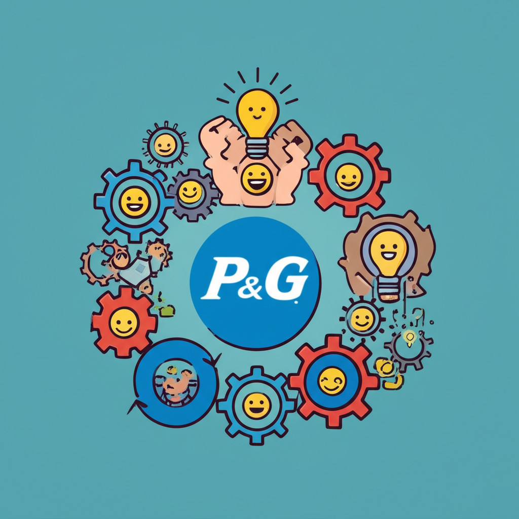 寶潔核心價值觀的圖像表示,創新、品質與消費者需求透過齒輪、燈泡和快樂消費者臉龐象徵持續研發與信賴產品