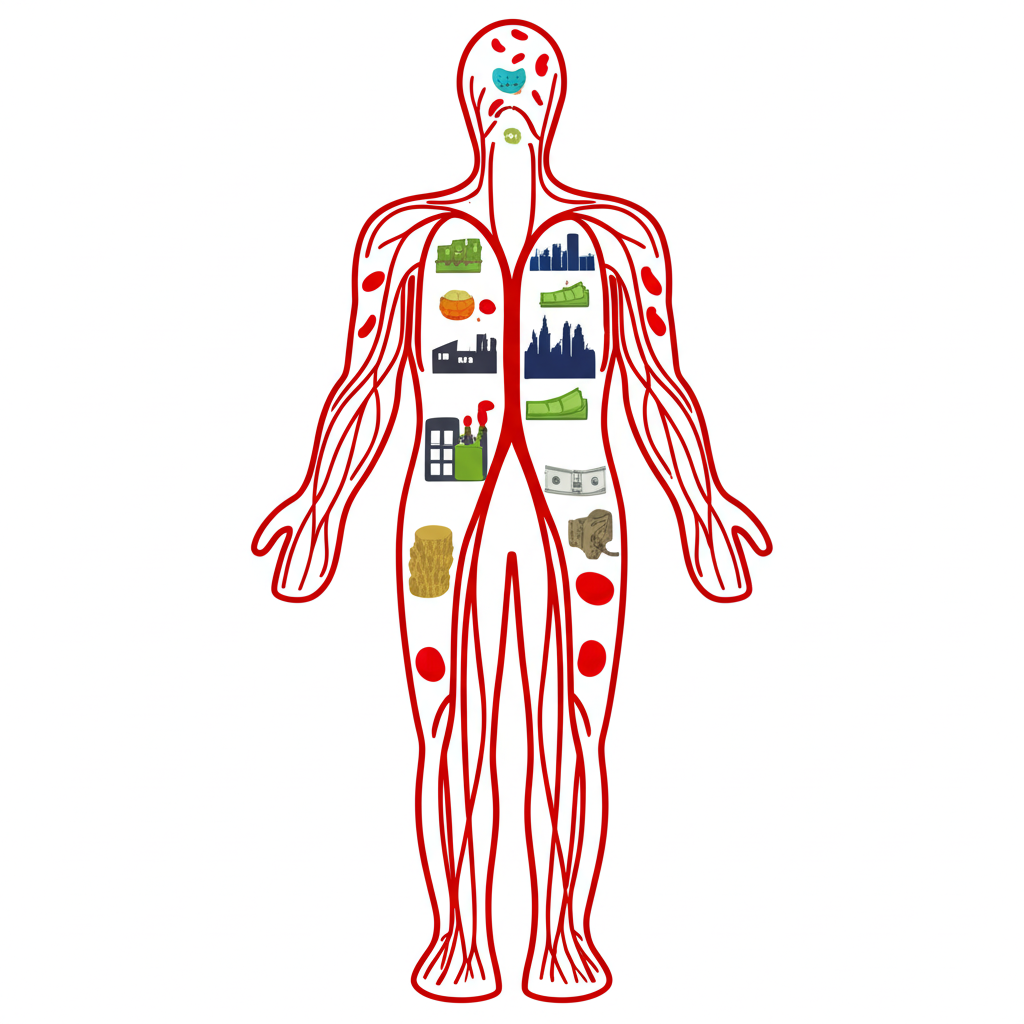 經濟體如人體,資金如血液流通的圖示,象徵金融穩定與順暢運作