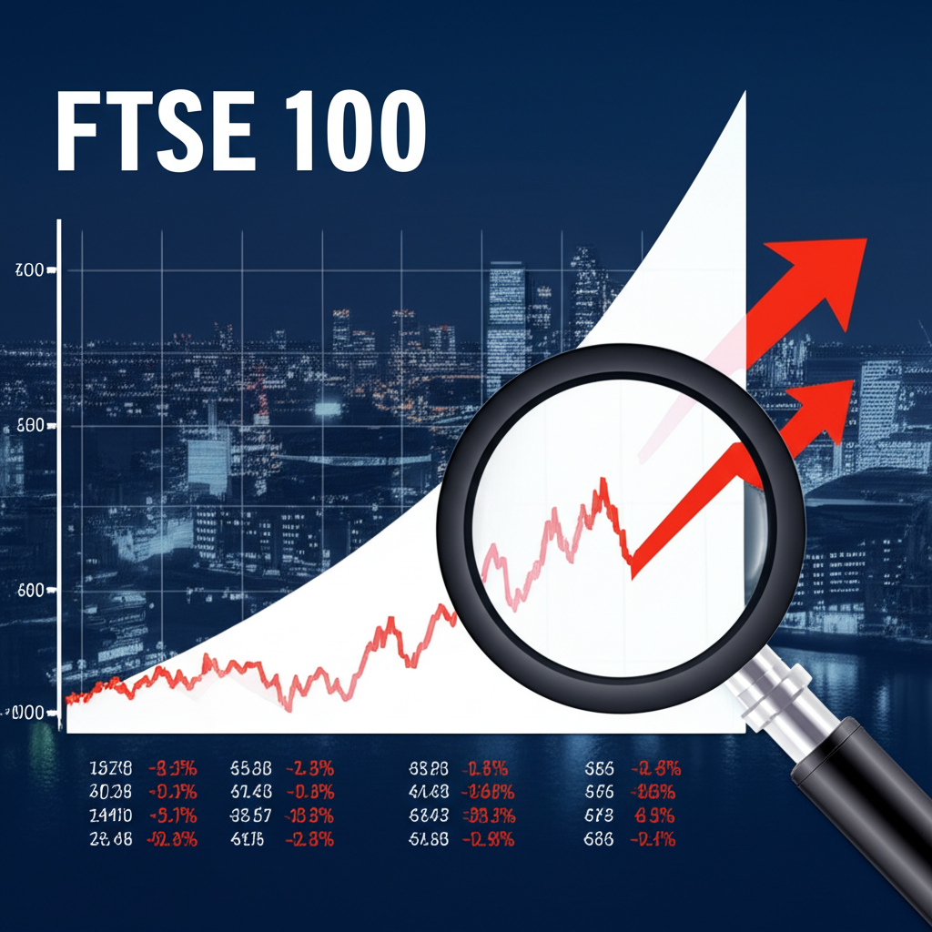 全球金融市場與倫敦天際線背景下的富時100指數圖表,放大鏡檢視台灣與香港投資者策略