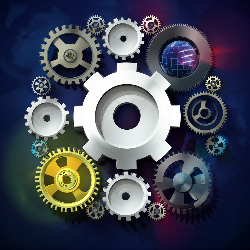 美國經濟作為全球經濟核心齒輪的插圖，展示繁榮與衰退週期及歷史轉變與政策演進