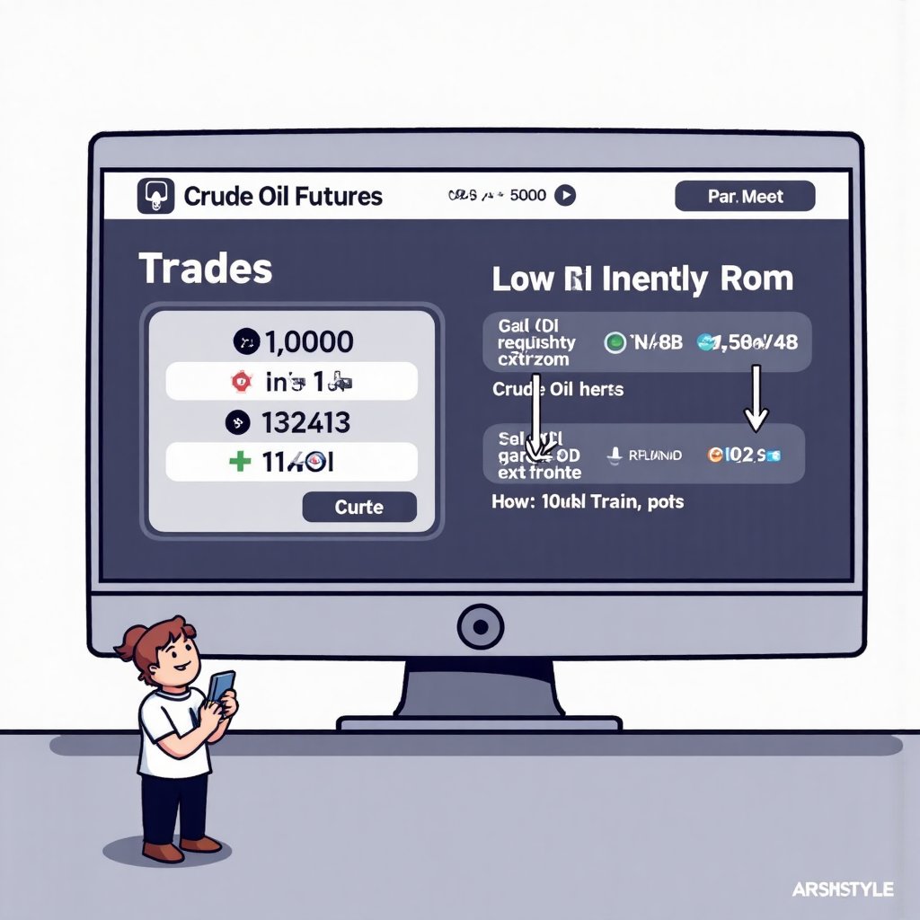 像素藝術風格的簡化原油期貨交易平台介面插圖，顯示買賣按鈕與低風險入場提示