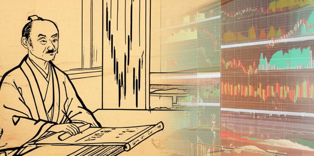蠟燭圖歷史起源插圖，描繪日本米商本間宗久觀察稻米價格與古代圖表的場景，背景融入現代金融圖表