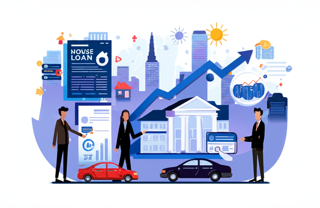 多樣融資活動插圖,包括個人房屋貸款、車貸,以及企業發行債券與IPO的金融城市場景