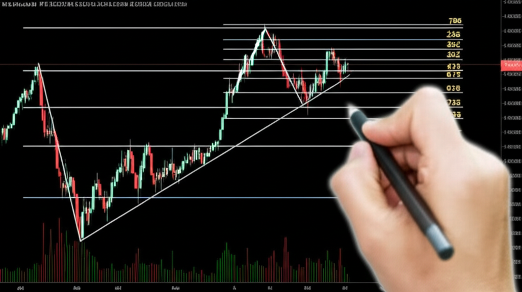 股票圖表顯示斐波那契回撤線的插圖，標註支撐與阻力區域