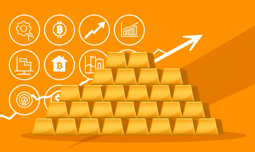 Golden bars protecting against inflation and economic uncertainty with a diverse investment portfolio background illustration
