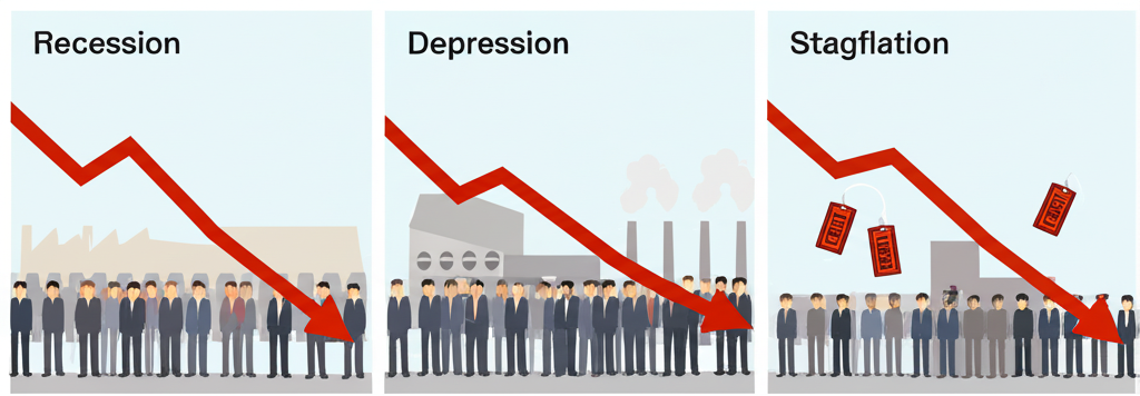 經濟衰退、大蕭條與停滯性通膨的三面板插圖，顯示GDP下降、大量失業和高通膨與高失業象徵