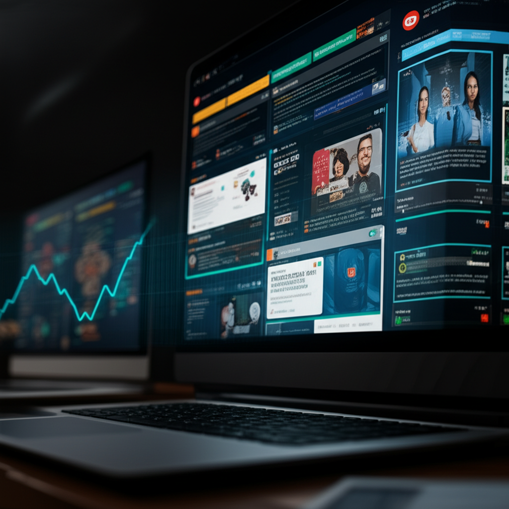 Reddit介面繁忙顯示各種子版塊內容,包括新聞、科技、金融,並附上廣告收入與數據授權成長圖表,未來風格插圖