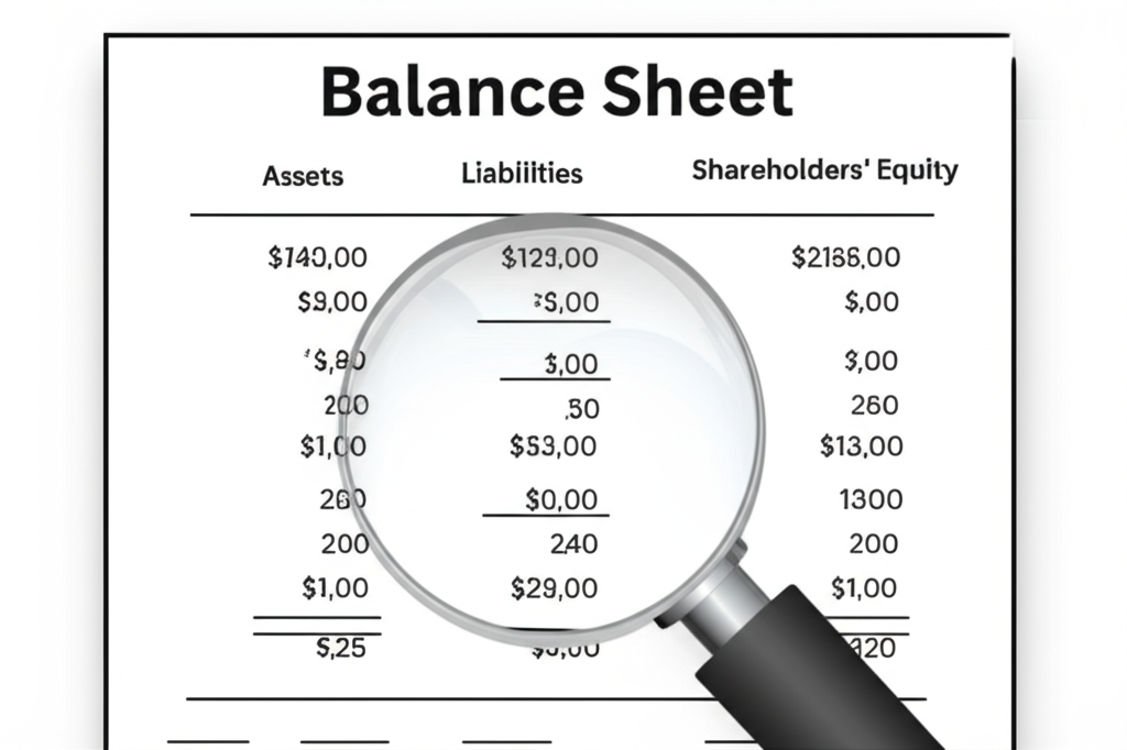 企業資產負債表,放大鏡聚焦股東權益部分,突顯公司淨值