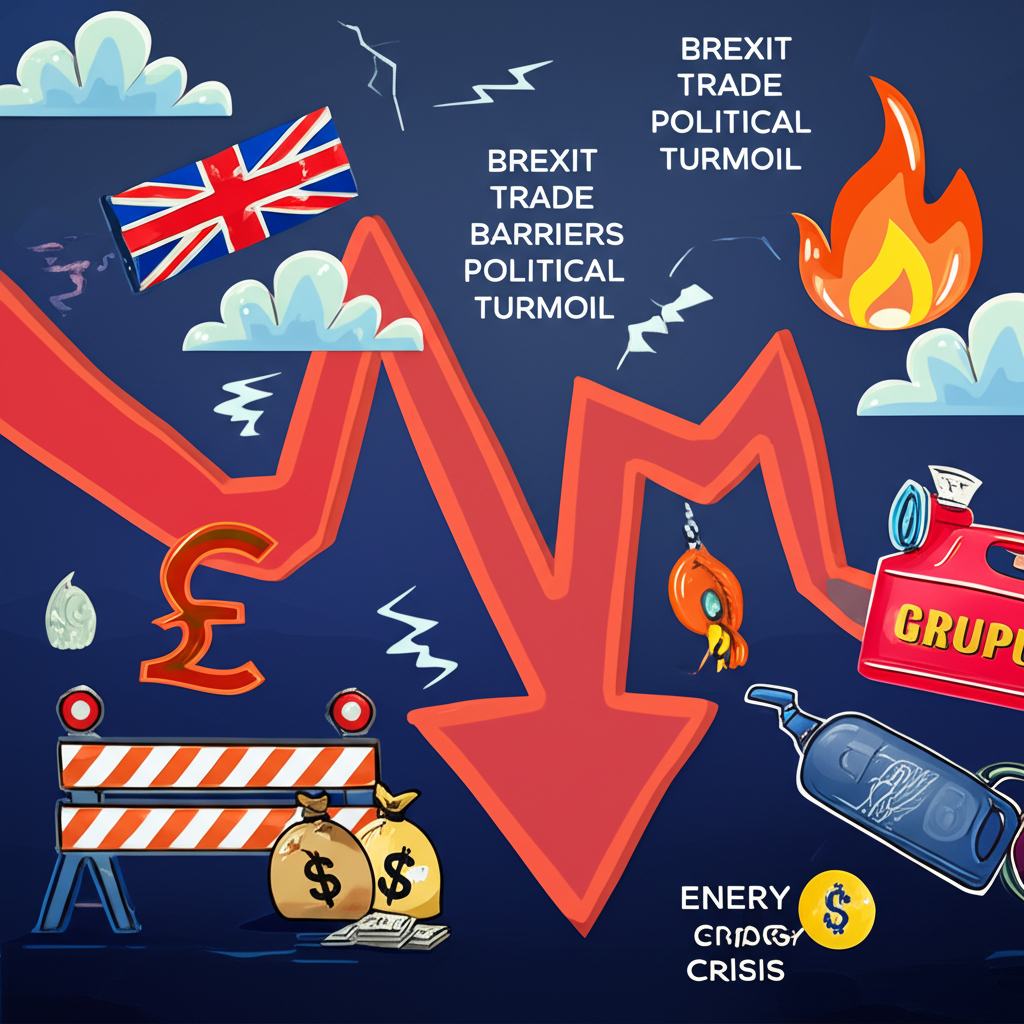 An illustration depicting various factors causing GBP USD to fall including Brexit trade barriers political turmoil high inflation and energy crisis