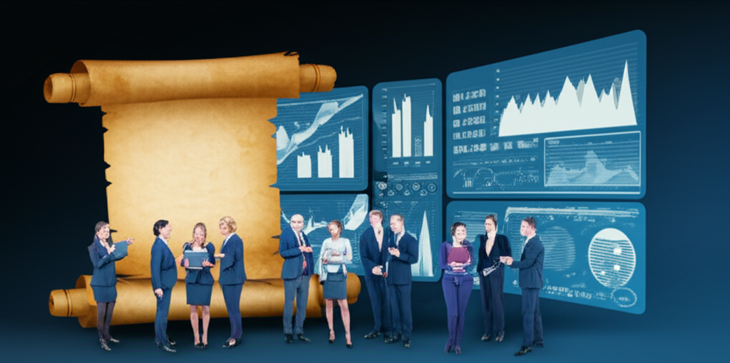 古老金融概念轉變為現代數位工具，多樣專業人士清晰溝通