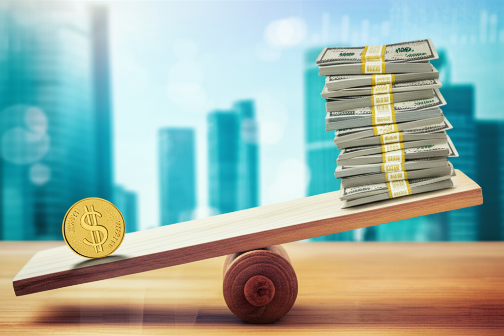 槓桿效應的翹翹板示意圖,小額資金撐起大額交易,象徵外匯保證金的高收益與高風險