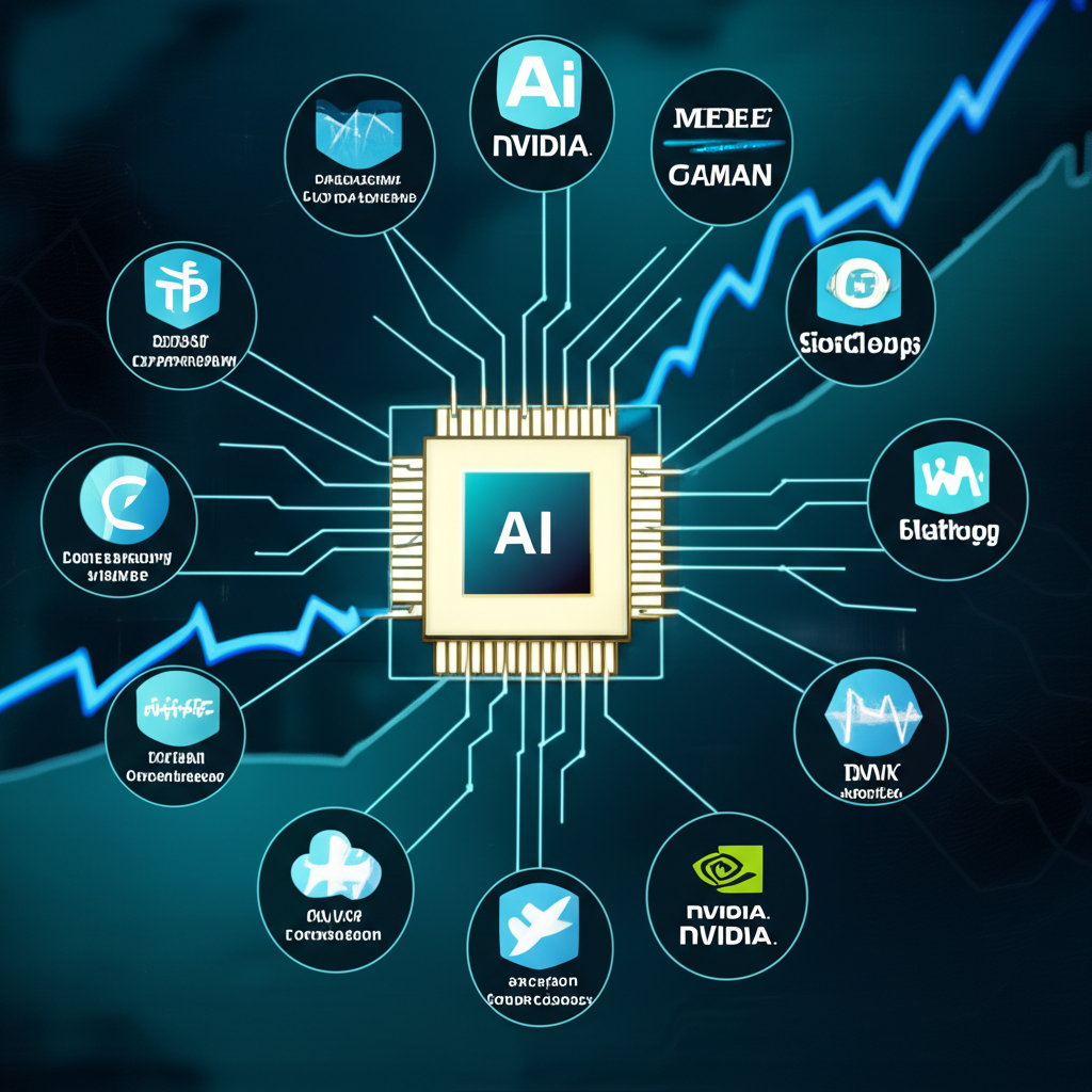 英偉達晶片周圍環繞的互聯公司網絡,象徵AI核心技術與市場趨勢