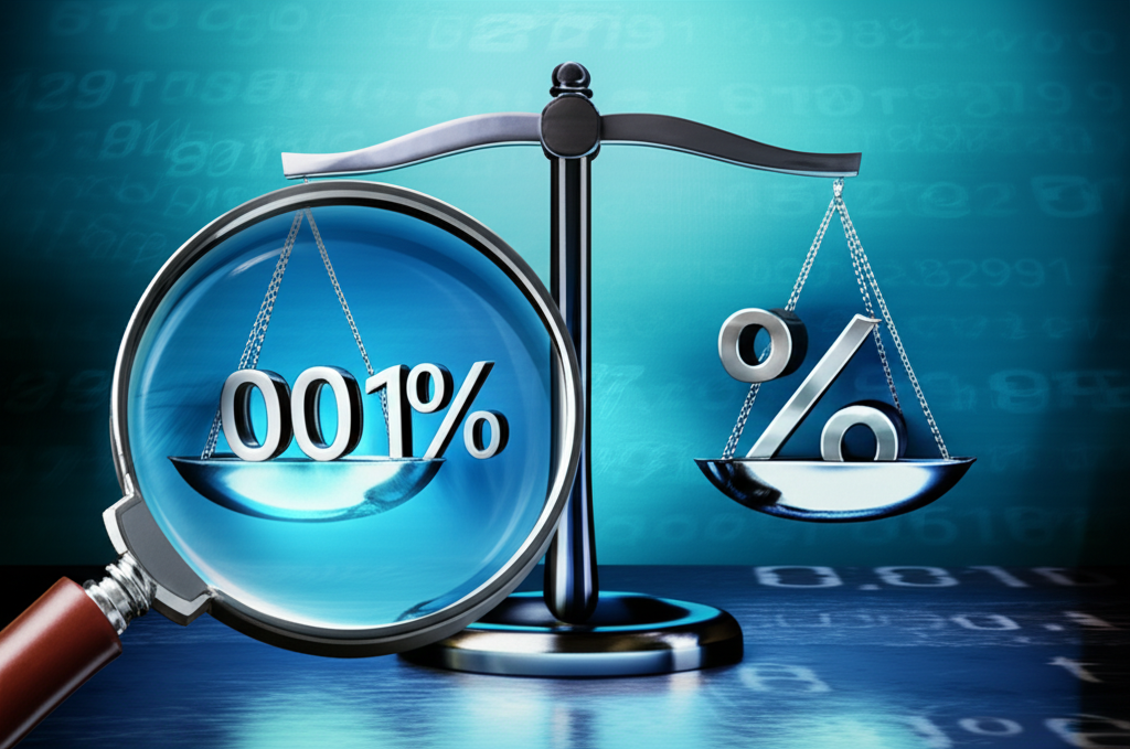 放大鏡放大微小百分比符號，突顯金融市場的精確測量