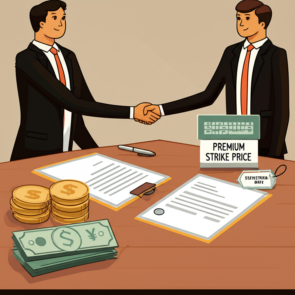 歐式選擇權買賣雙方協議示意圖,包含權利金、履約價與到期日元素