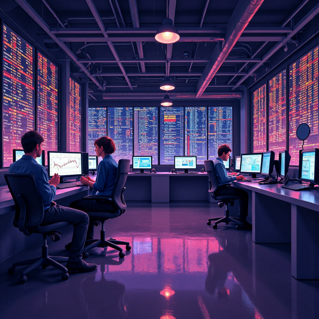 快節奏股票交易地板的像素藝術插圖，顯示發光的圖表和充滿活力的交易員快速決策