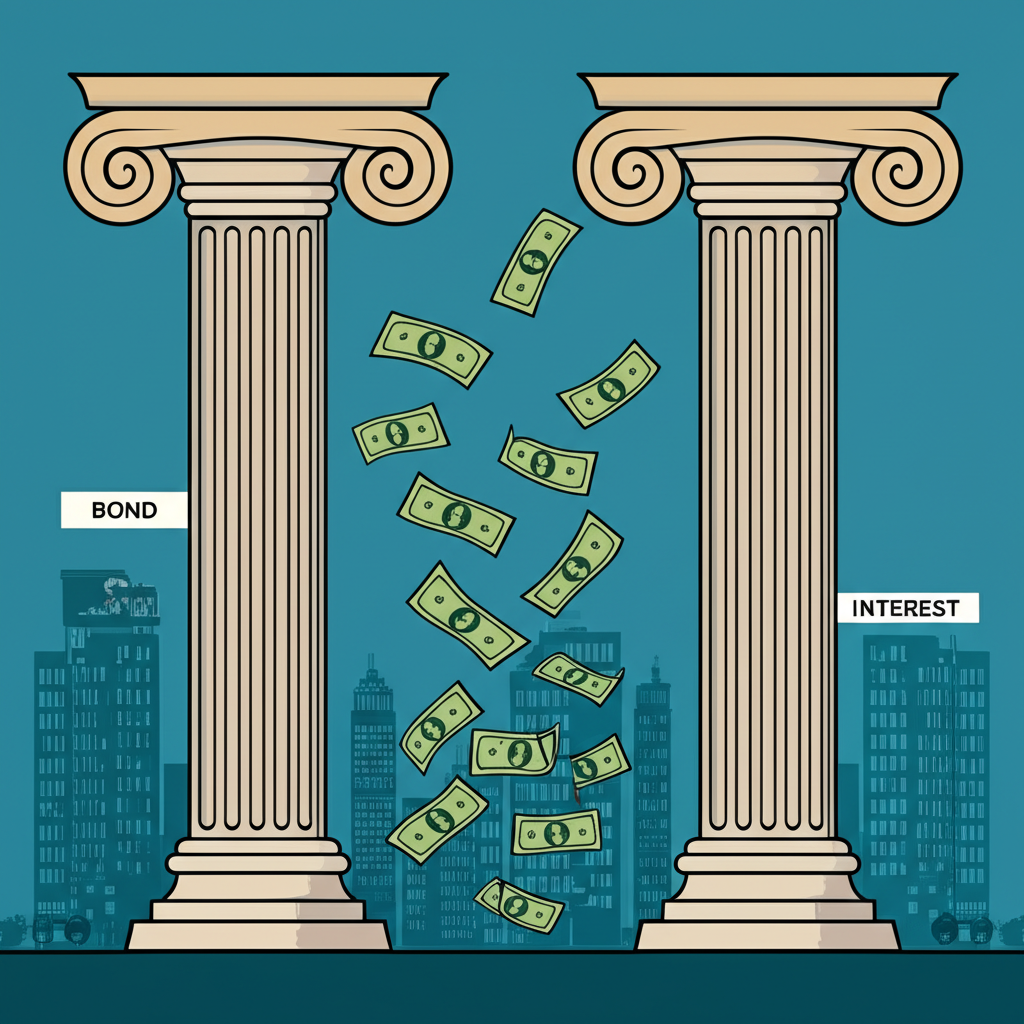 債券與利率作為金融支柱的插圖，描繪資金流動與城市景觀