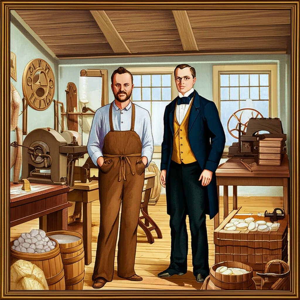 1837年威廉·普羅克特與詹姆斯·甘布爾在辛辛那提創立肥皂與蠟燭事業的歷史插圖,融入早期工業元素與創業精神