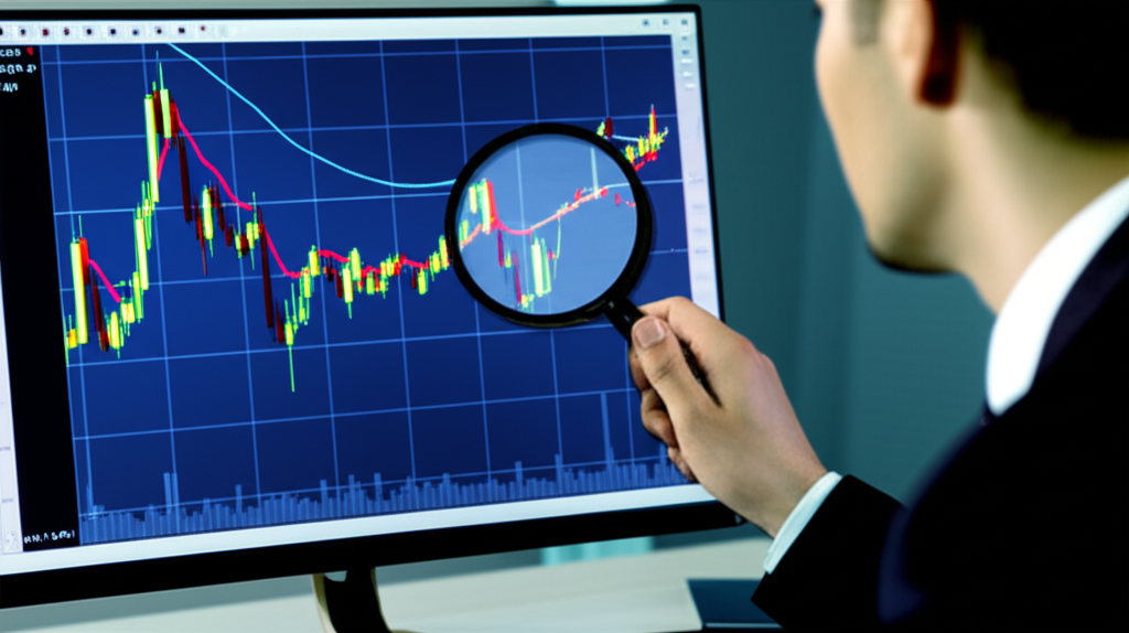 A professional investor studying stock charts on a computer screen with a magnifying glass showing a downward trend in price highs illustration